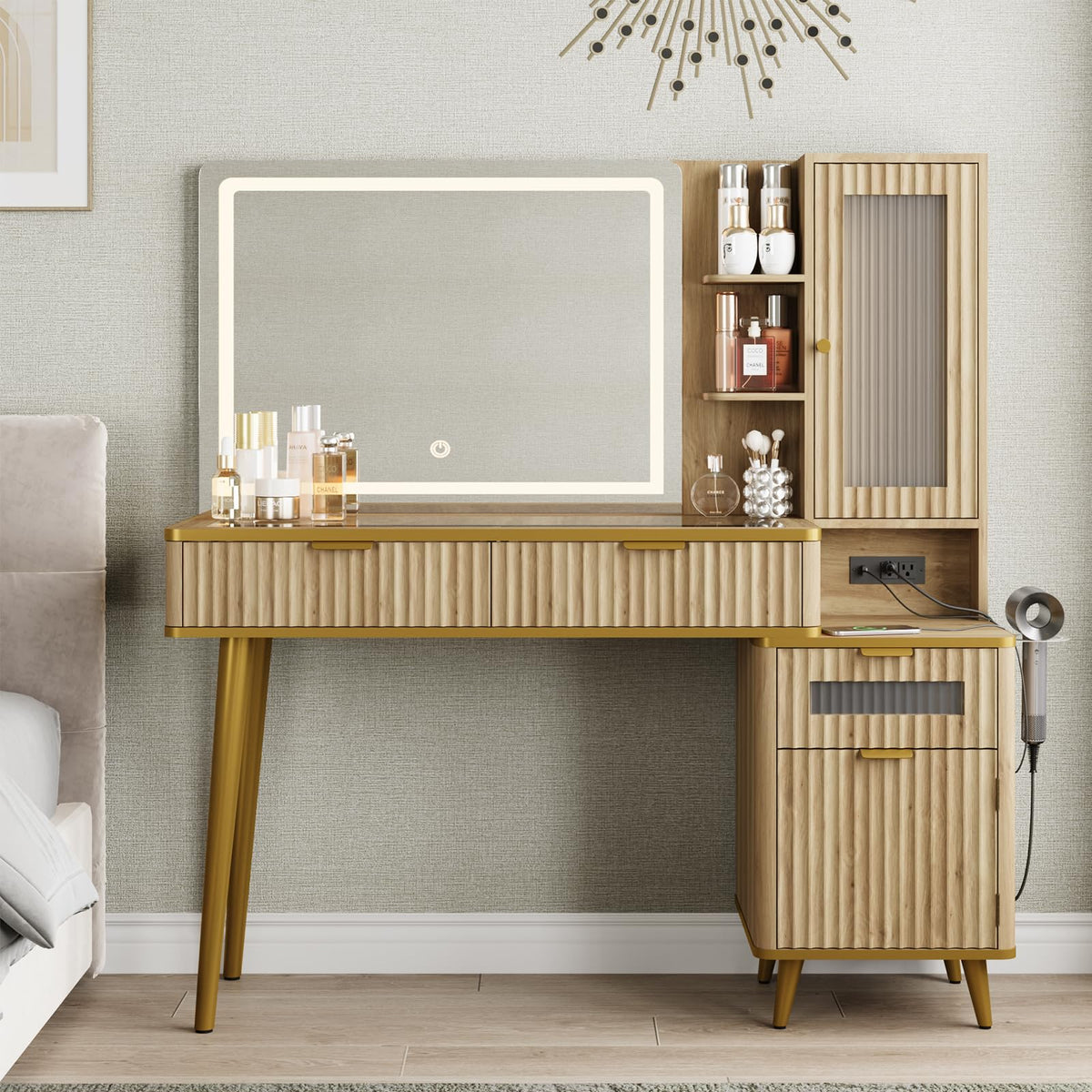 48" Fluted Makeup Vanity Desk with Mirror and Lights