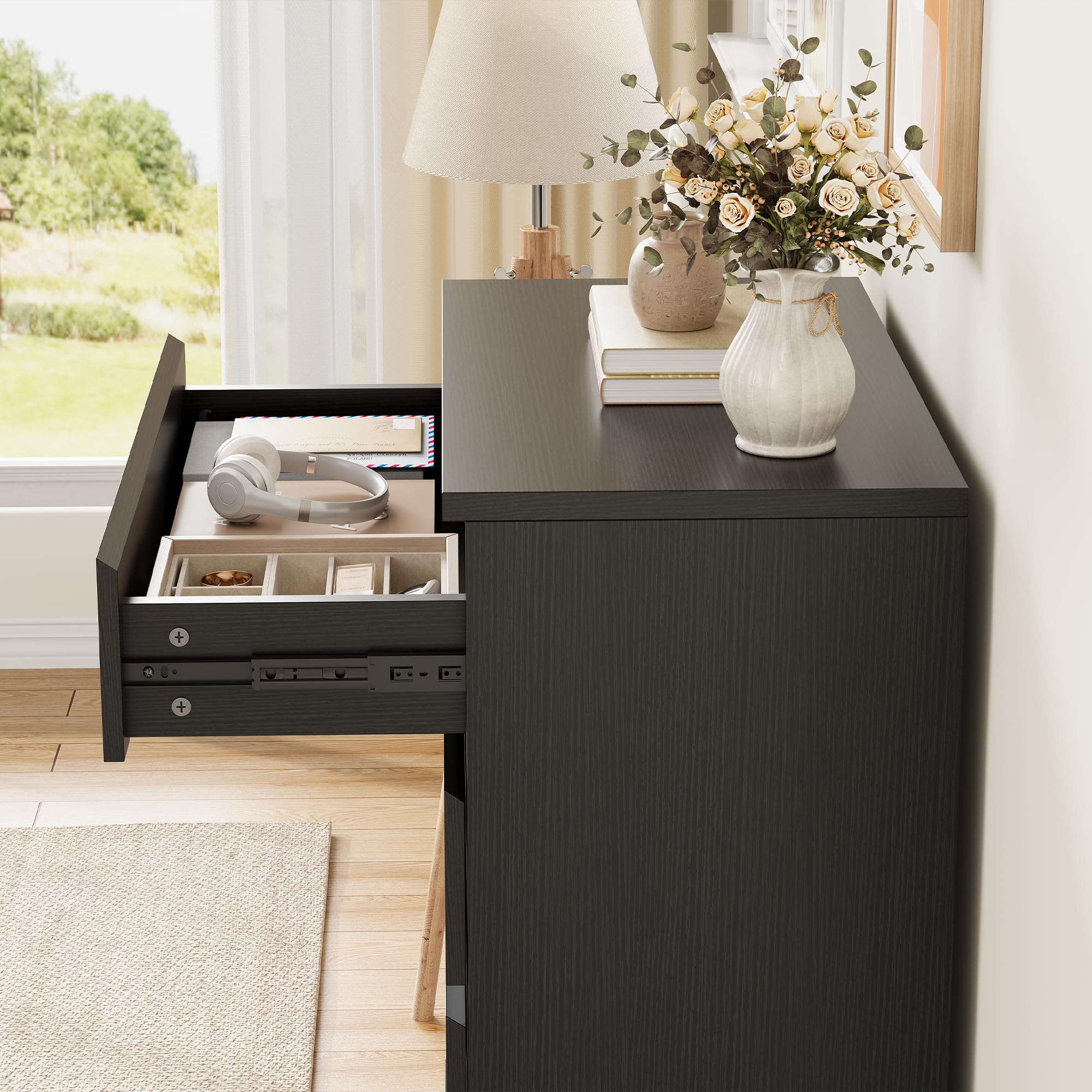 Modern Black 6 Drawer Dresser with Smooth Metal Rails