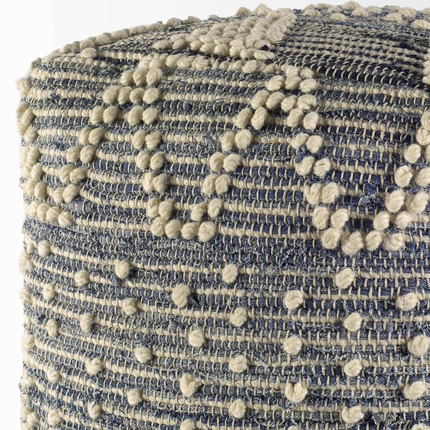 Handwoven Wool Square Pouf 16x16x16 Blue Ivory