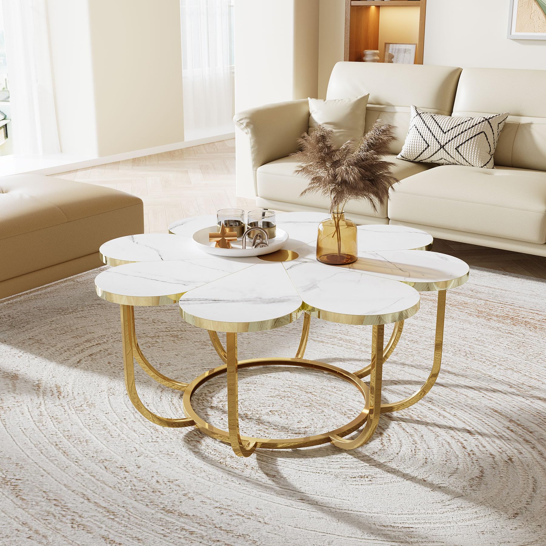 White and Gold Coffee Table with Flower-Shaped Marble Tabletop