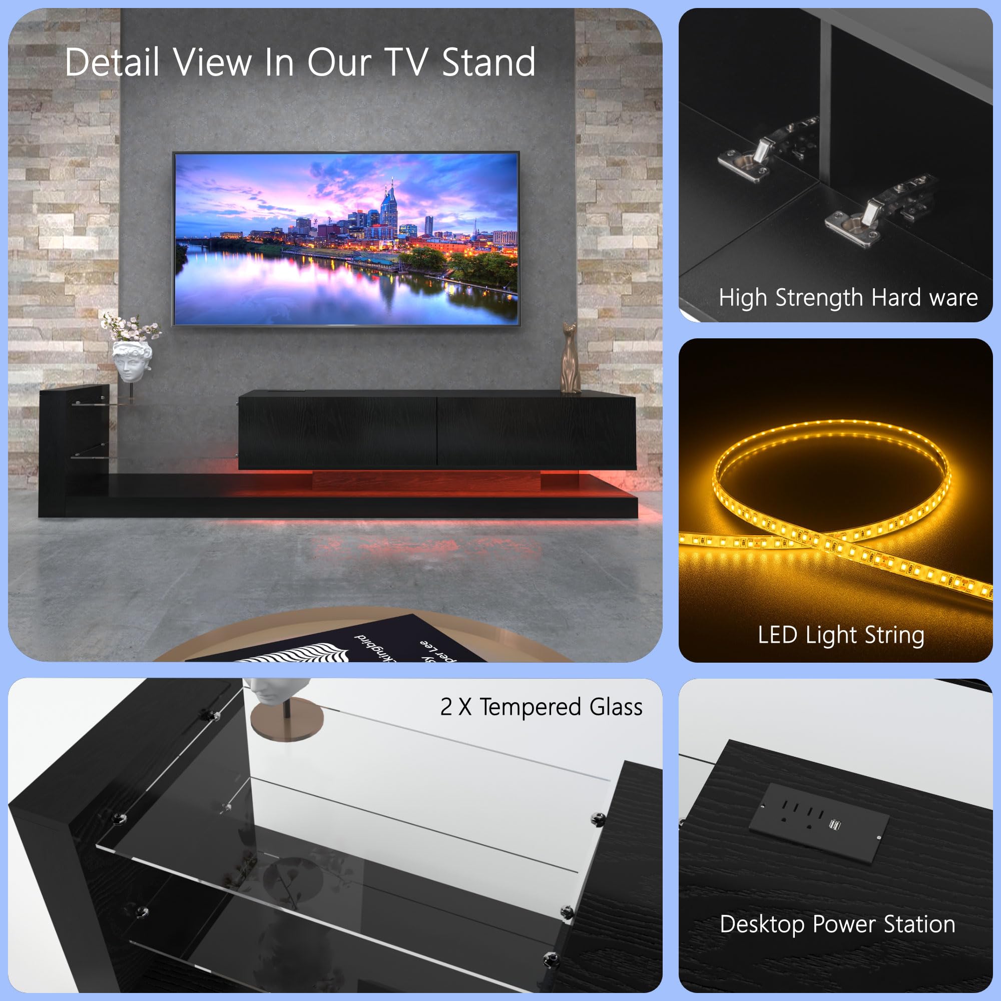LED TV Stand with Asymmetrical Design and Tempered Glass Shelves
