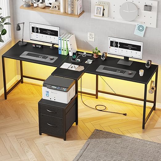 T-Shaped 2 Person Desk with Power Outlet and LED Lights