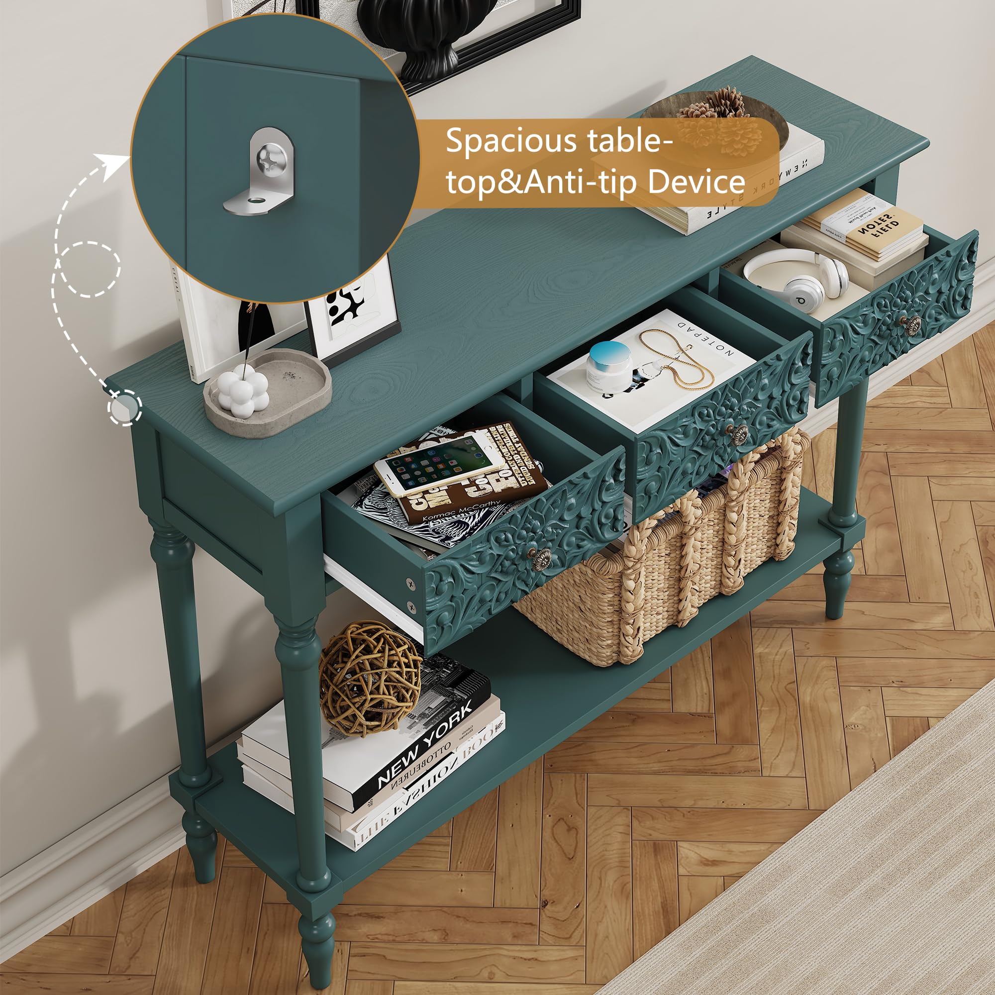 Entryway Console Table with 3 Drawers and Open Shelf