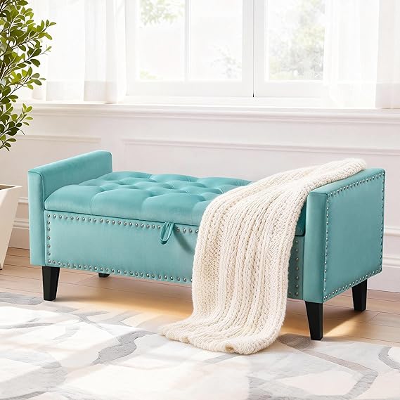 Velvet Storage Ottoman Bench with Arms