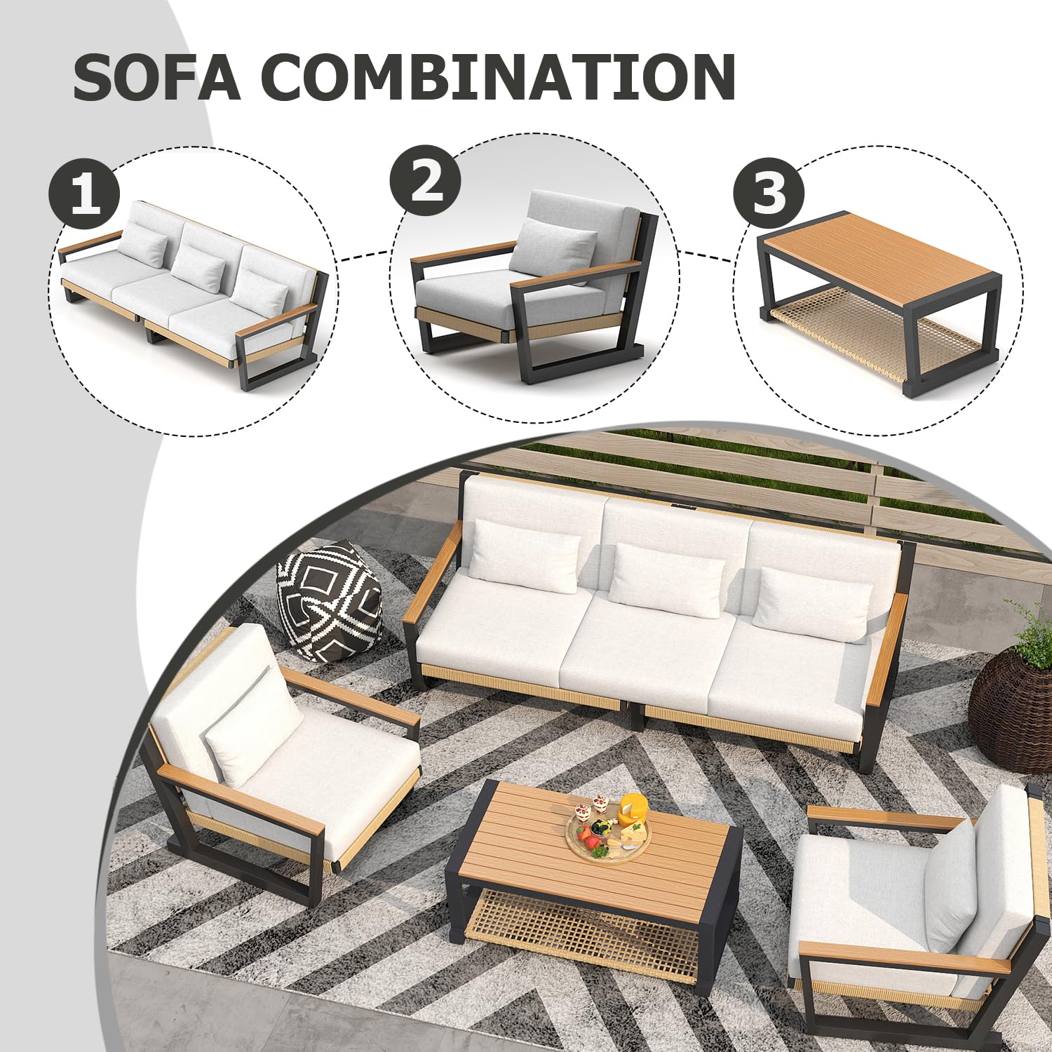 Aluminum Patio Sofa Set with PE Rope Weaving