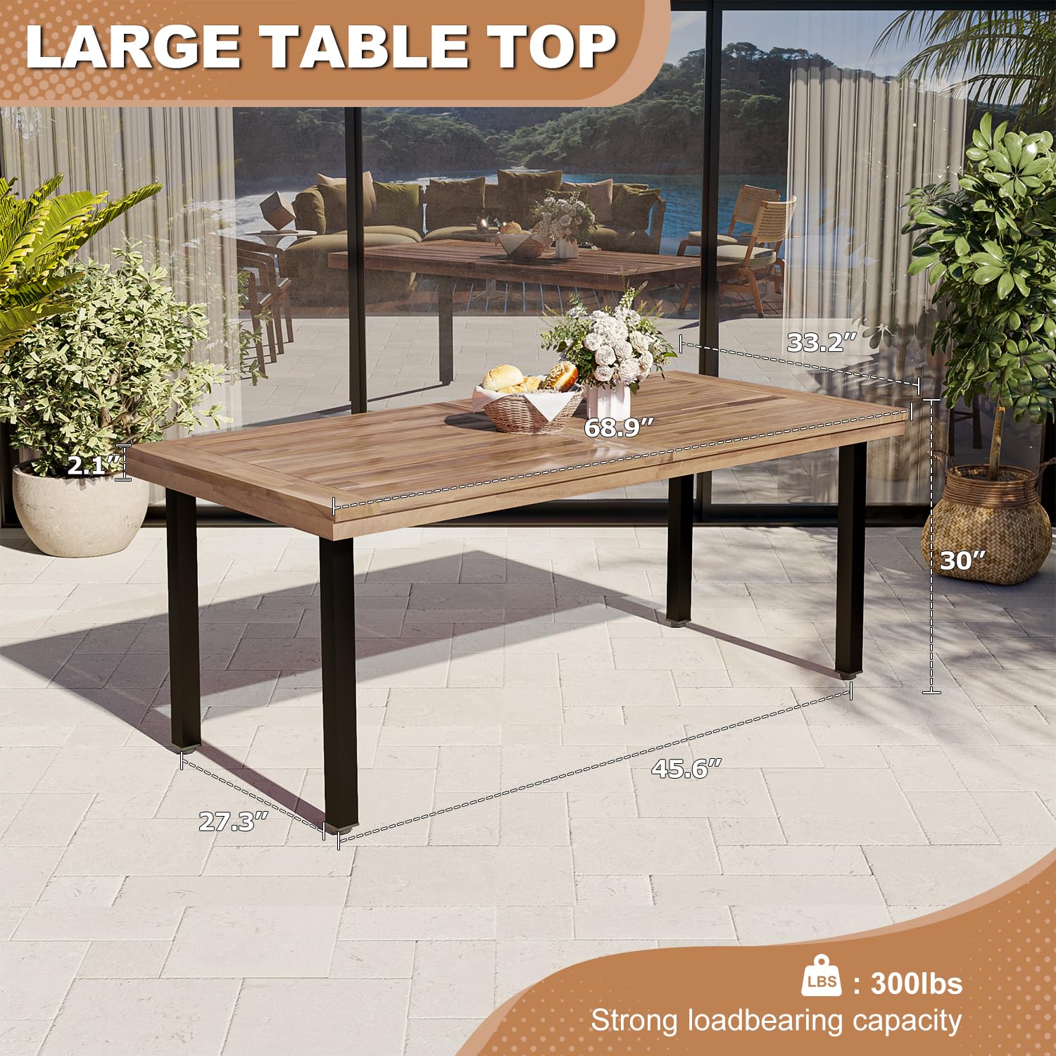70" Acacia Wood Dining Table for 6-8 People