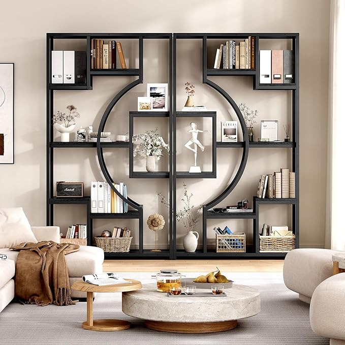 White and Gold Bookshelf Set of 2 - 5 Tier Geometric Bookcase with Metal Frame