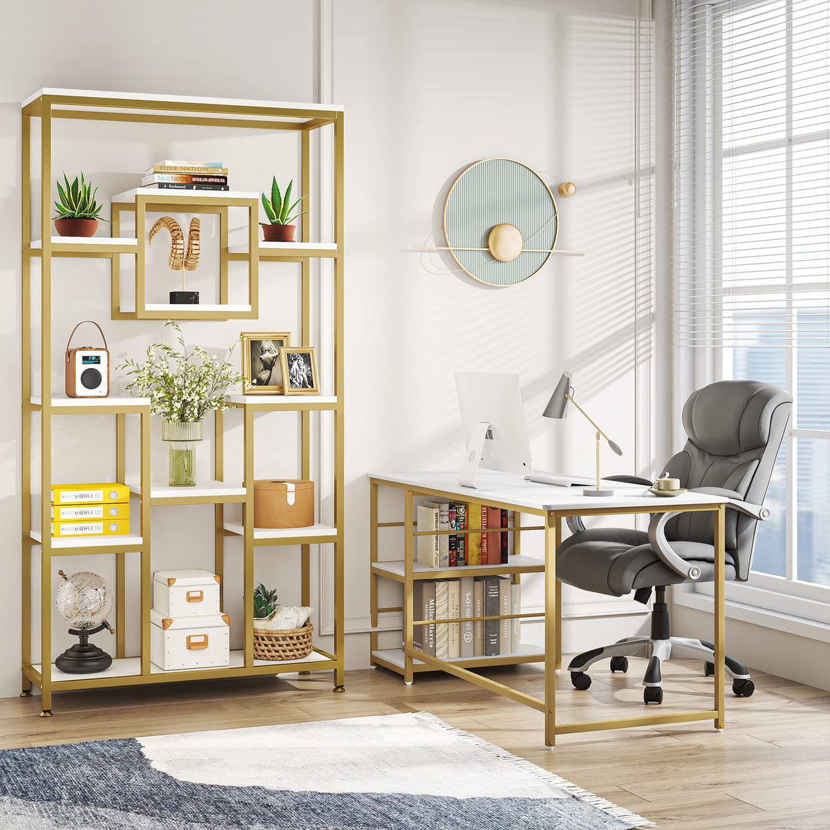 71" Tall Geometric Bookshelf with Storage Shelves