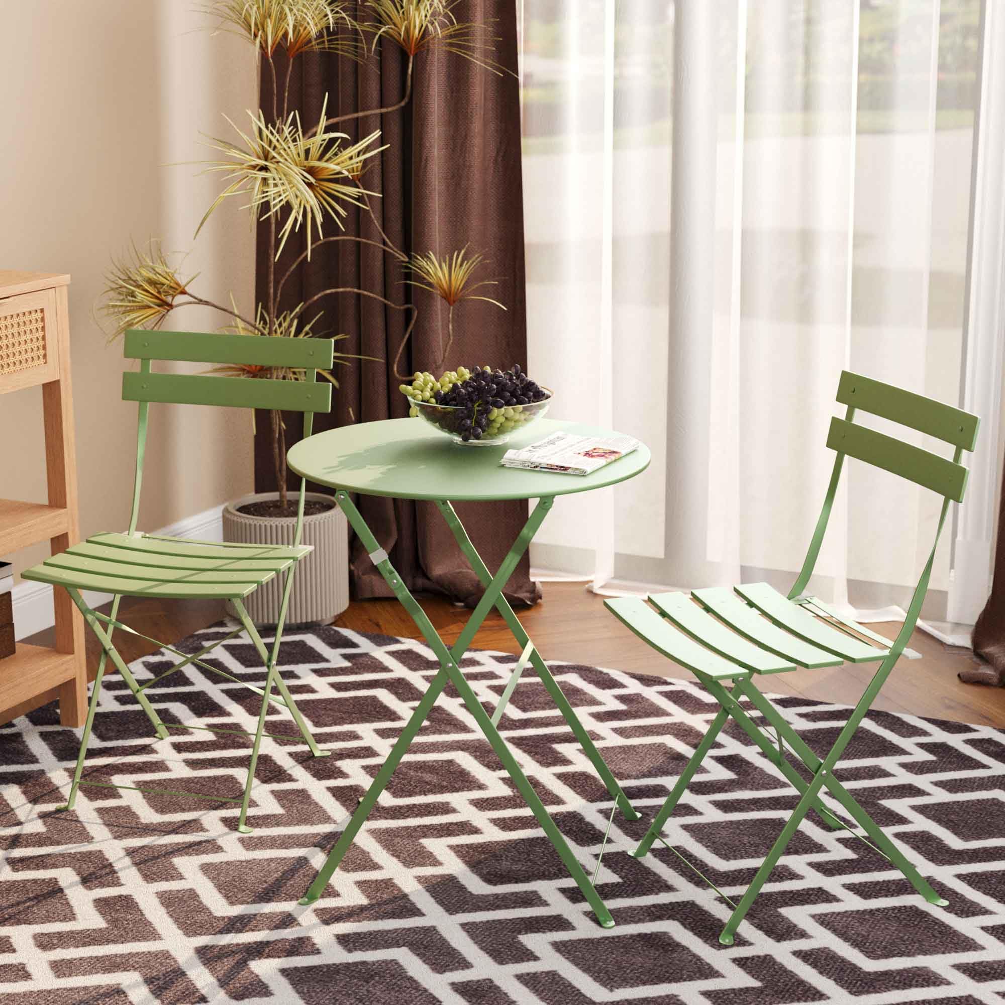 LAUSAINT HOME 3-Piece Steel Folding Bistro Set, Premium Weather-Resistant Patio Table & 2 Chairs for Balcony, Garden, Yard, Poolside & Indoor (Square, Green)