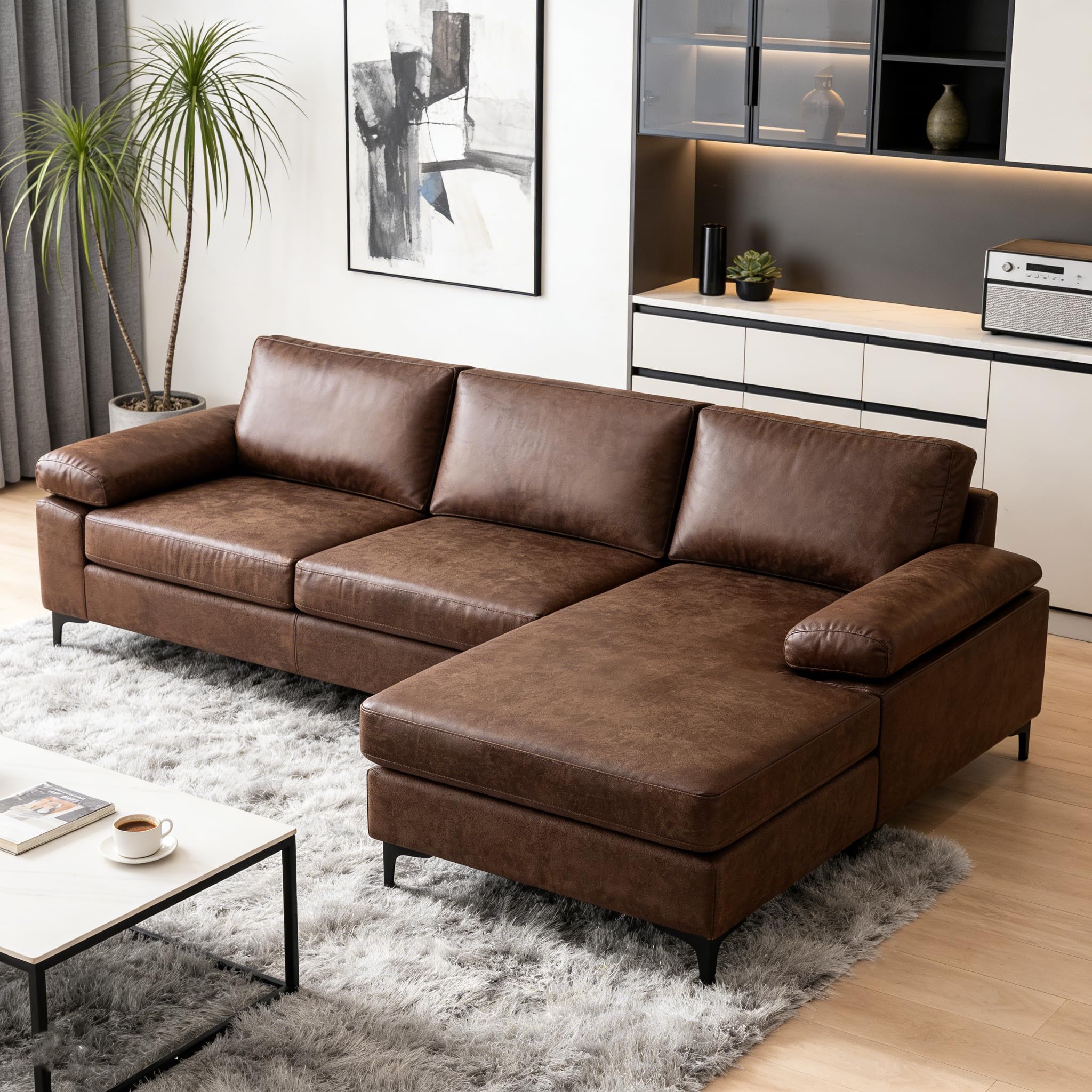 VANOMi 100" Faux Leather Sofa with Convertible Chaise, L-Shaped Leather Sectional Couches for Living Room, Apartment, Bedroom, Office, 3-Seater,Modular, Dark Brown