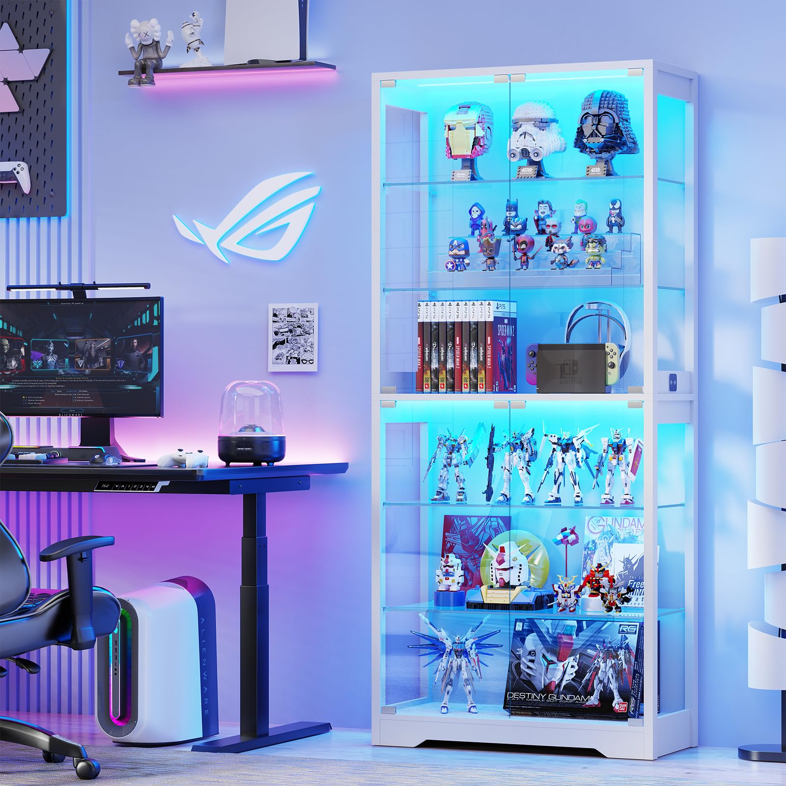 6-Tier 71" Display Cabinet with Glass Door and LED Lights