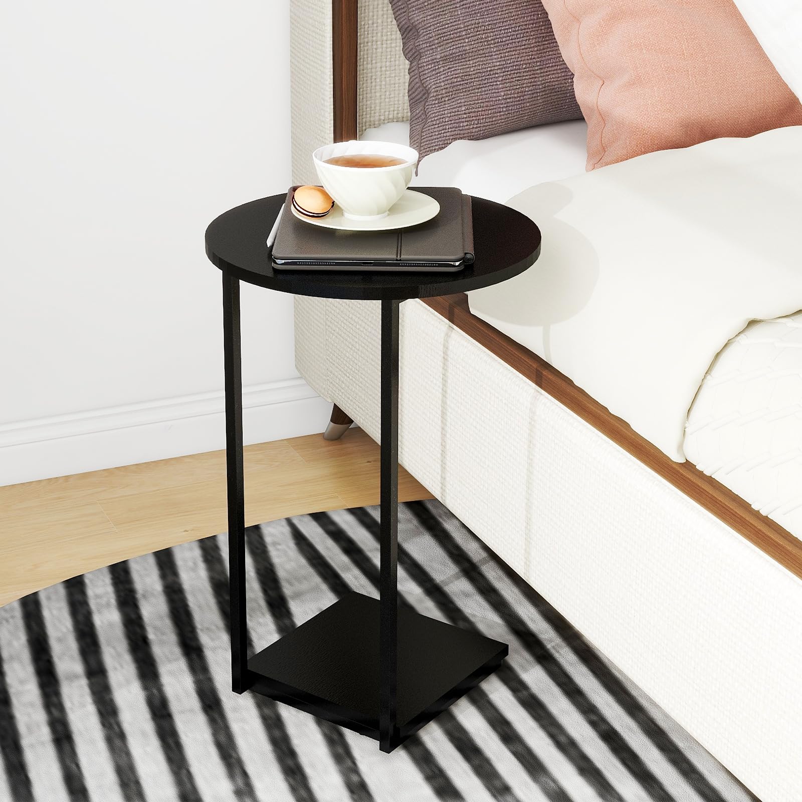 C Shaped End Table Round Snack Side Table