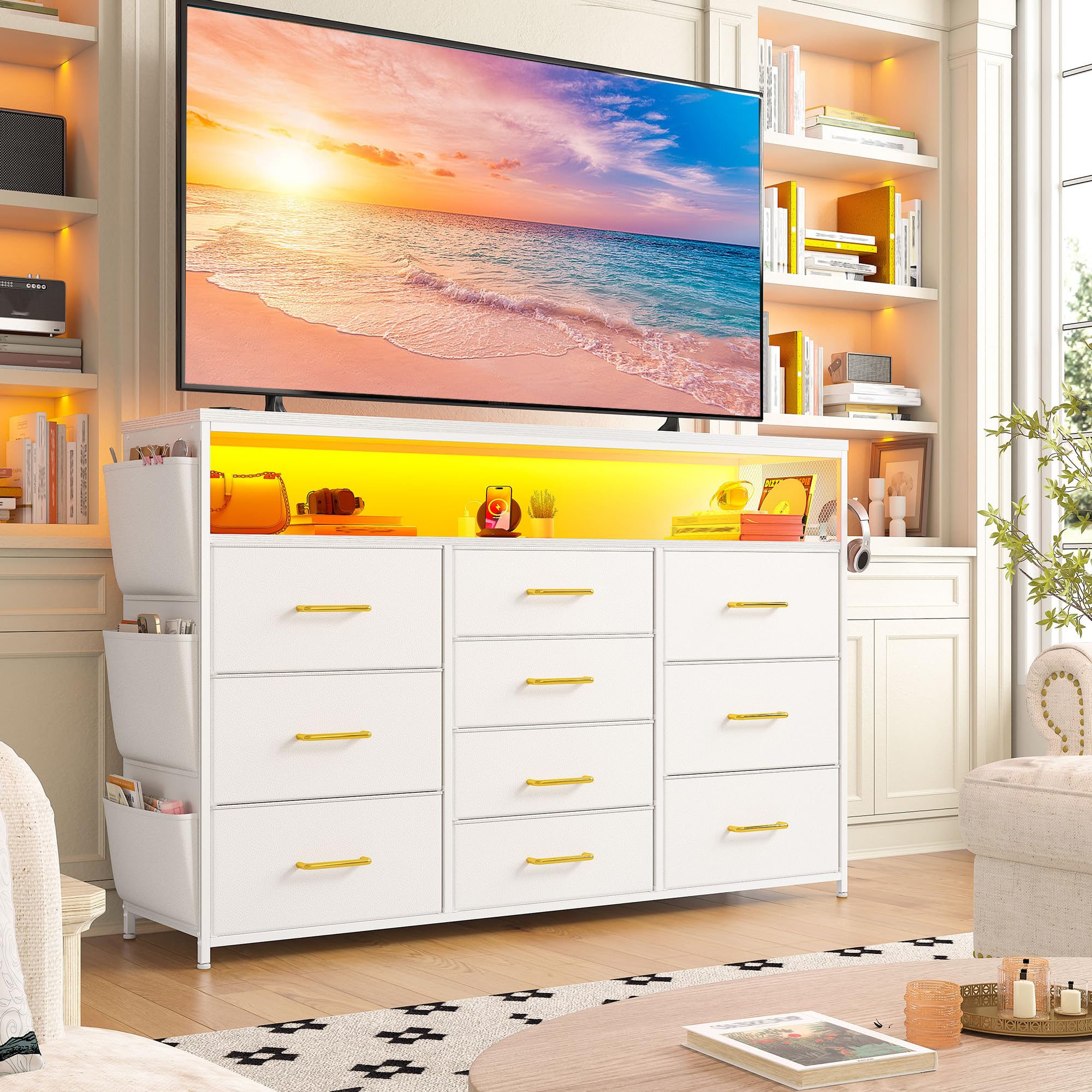 10 Drawer Dresser with Wood Shelves and LED Lights