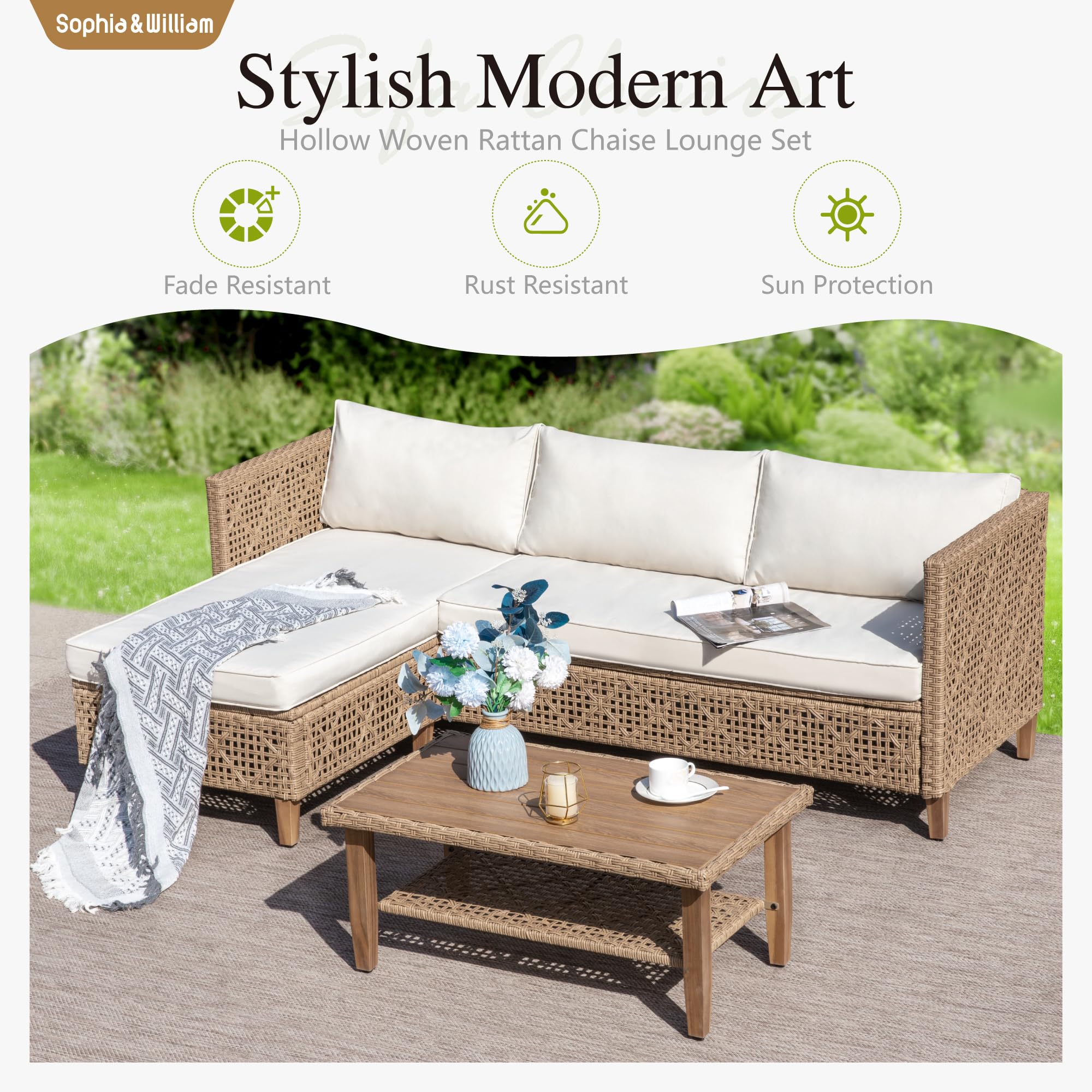 Boho Wicker Patio Sectional Set with Storage Coffee Table