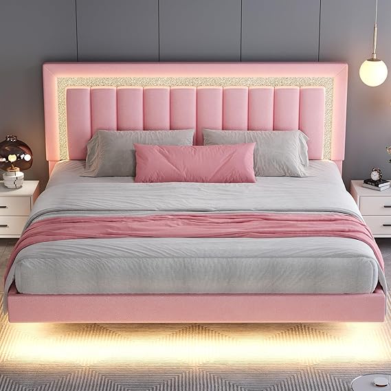Floating Queen Bed Frame with LED Lights