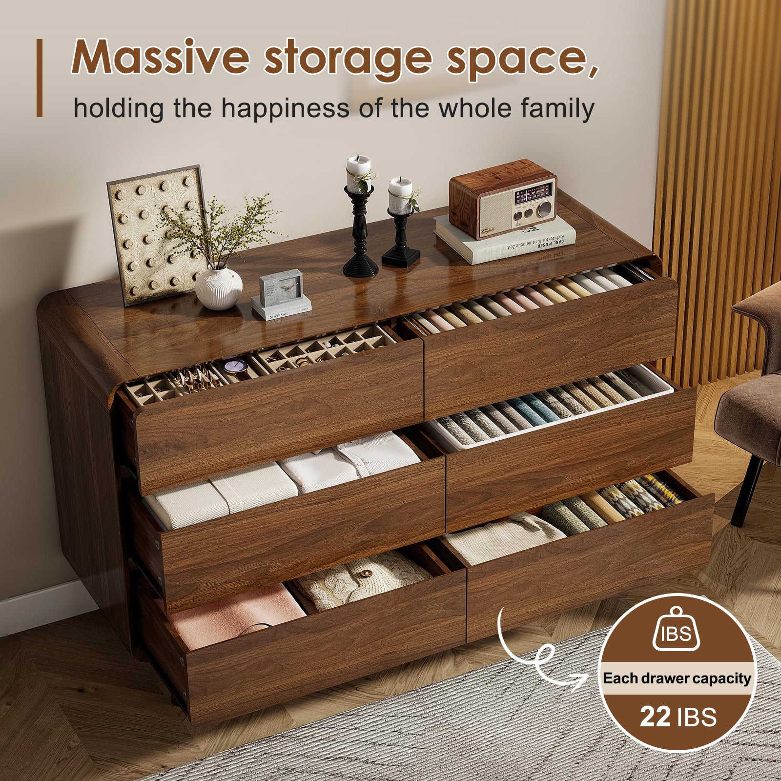 6 Drawer Dresser Mid Century Modern Wood Storage