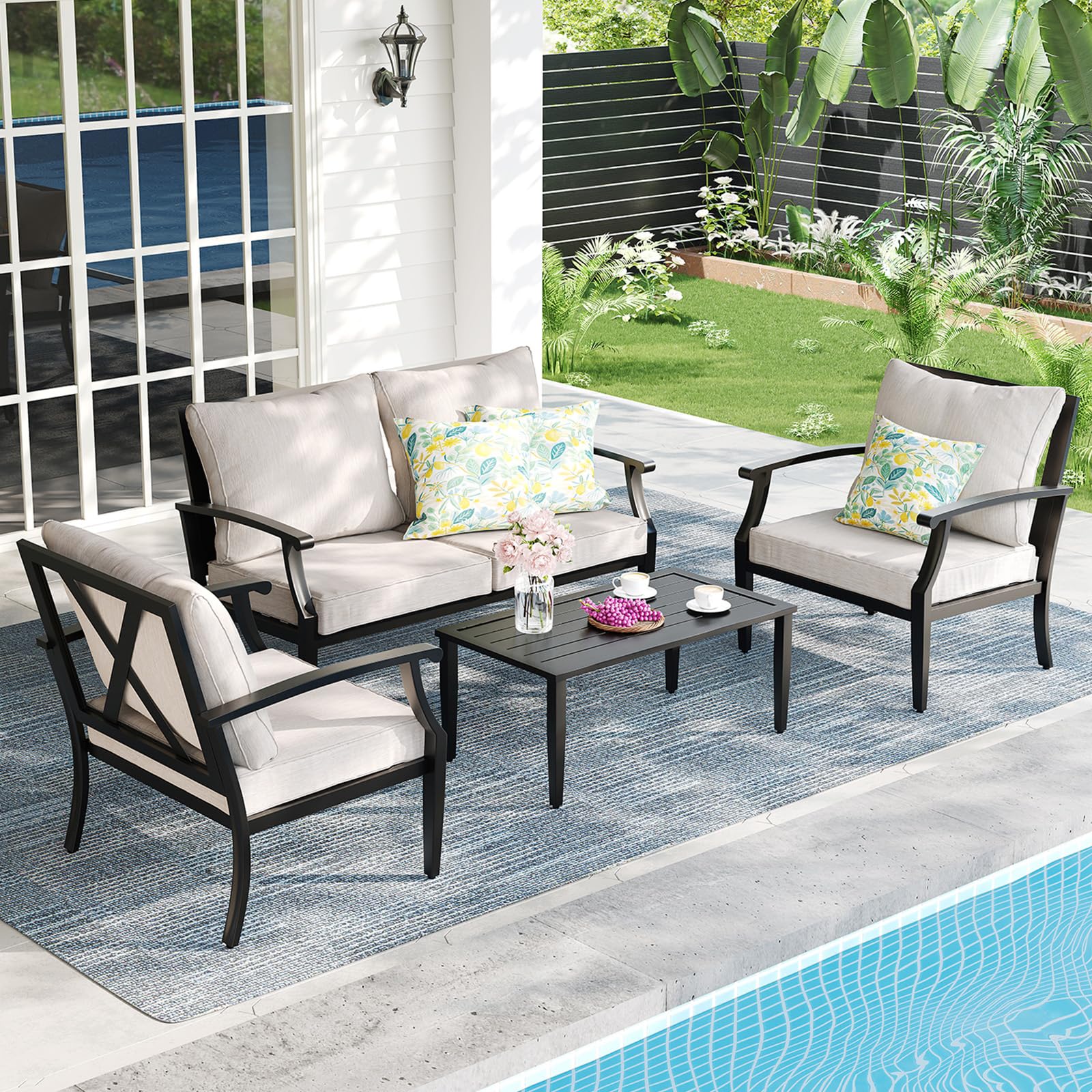 4-Piece Patio Furniture Set with High Back Loveseat and Coffee Table