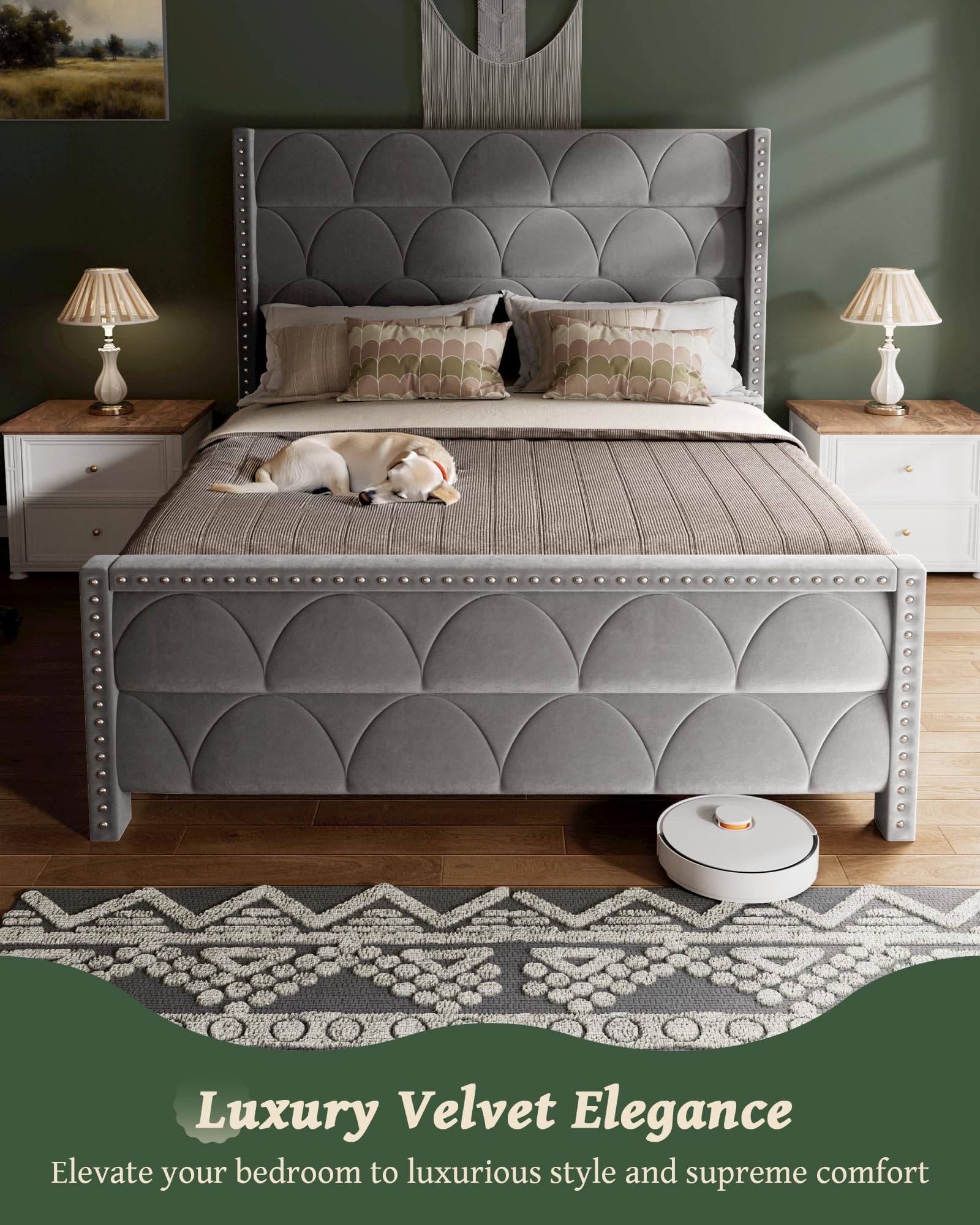 Queen Size Velvet Upholstered Platform Bed Frame