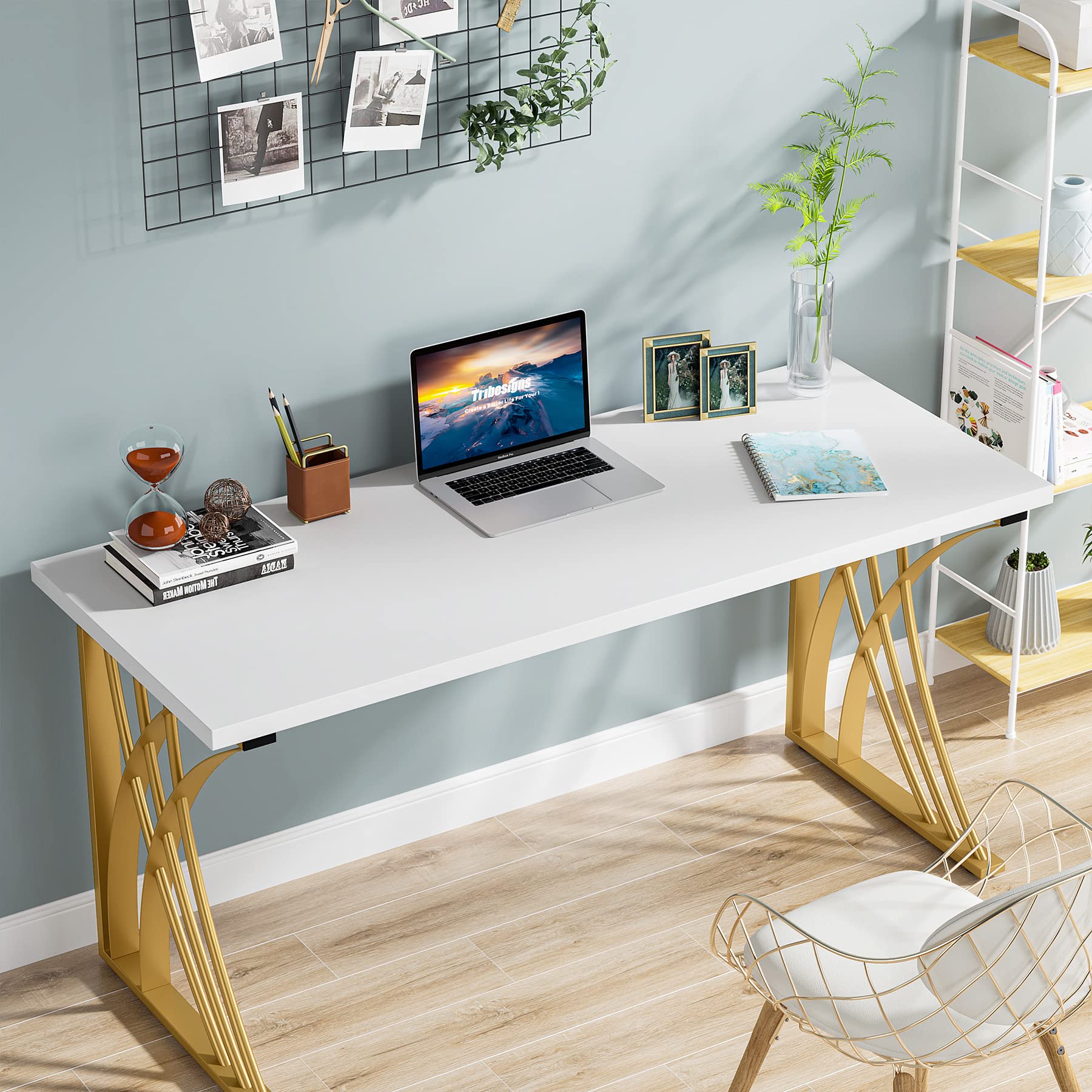 55" Modern Computer Desk White & Gold