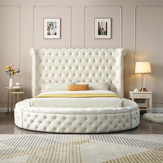 Upholstered Round Storage Bed Grey Velvet Queen