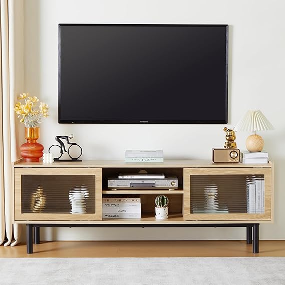 TV Stand with Sliding Doors and Storage Compartments