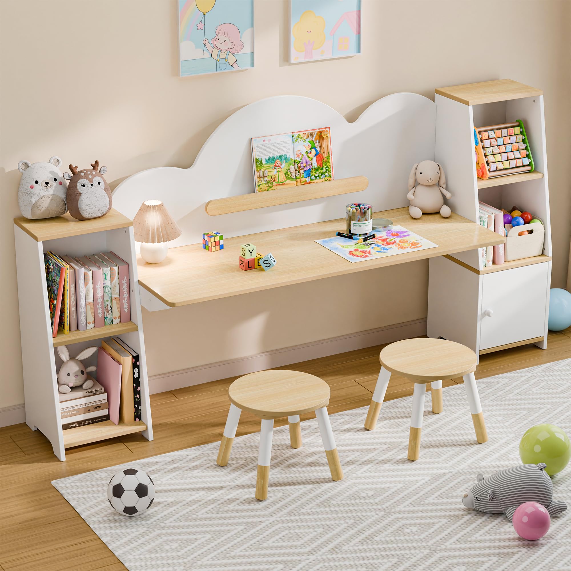 Kids Study Desk with Bookshelves and 2 Stools