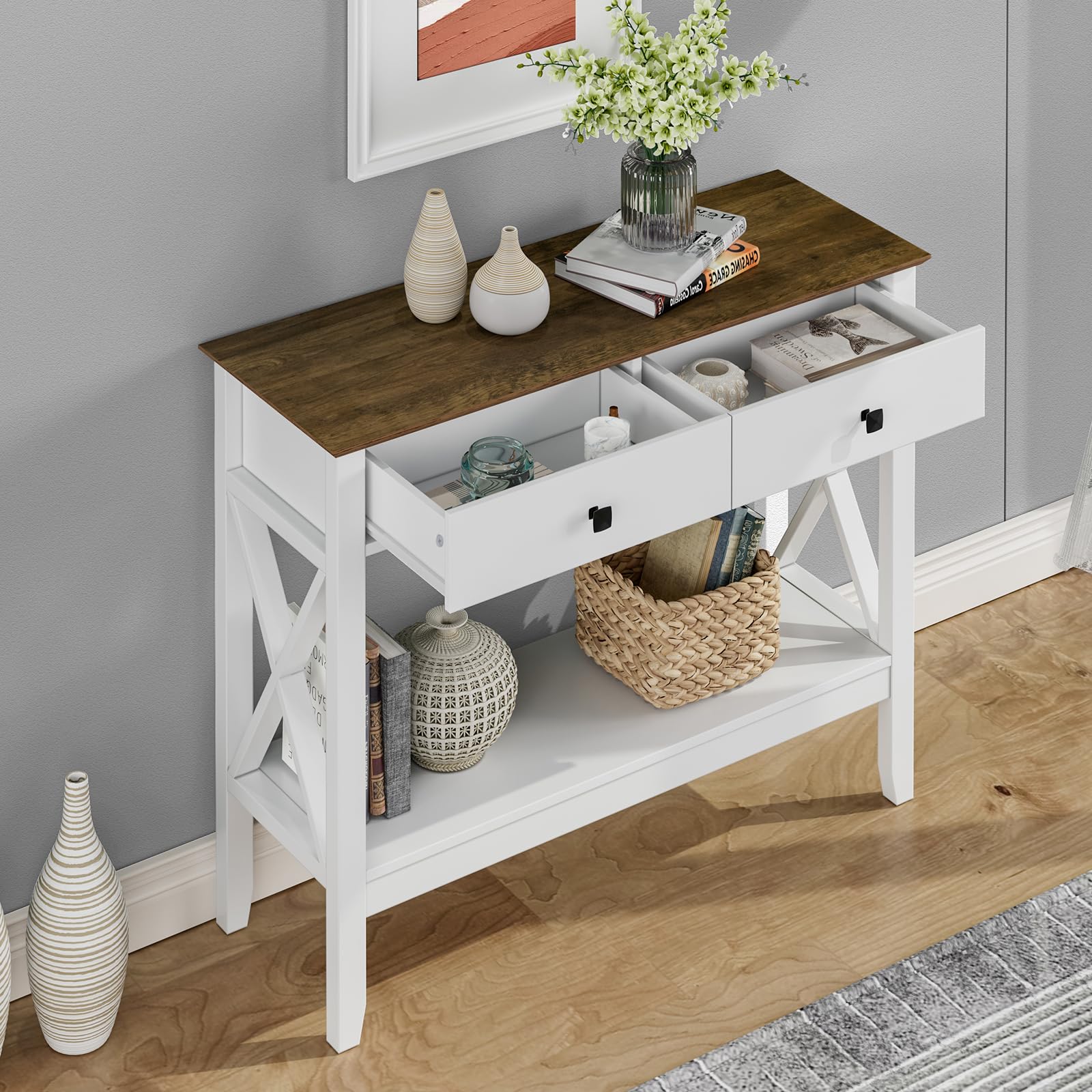 White Farmhouse Console Table with Drawers