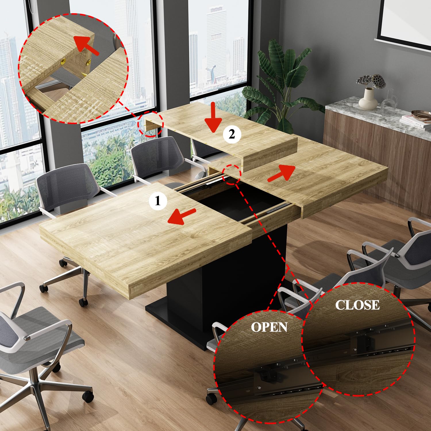 Extendable Conference Table 63-78.7 Inch Rectangle Meeting Table for 6-8 People