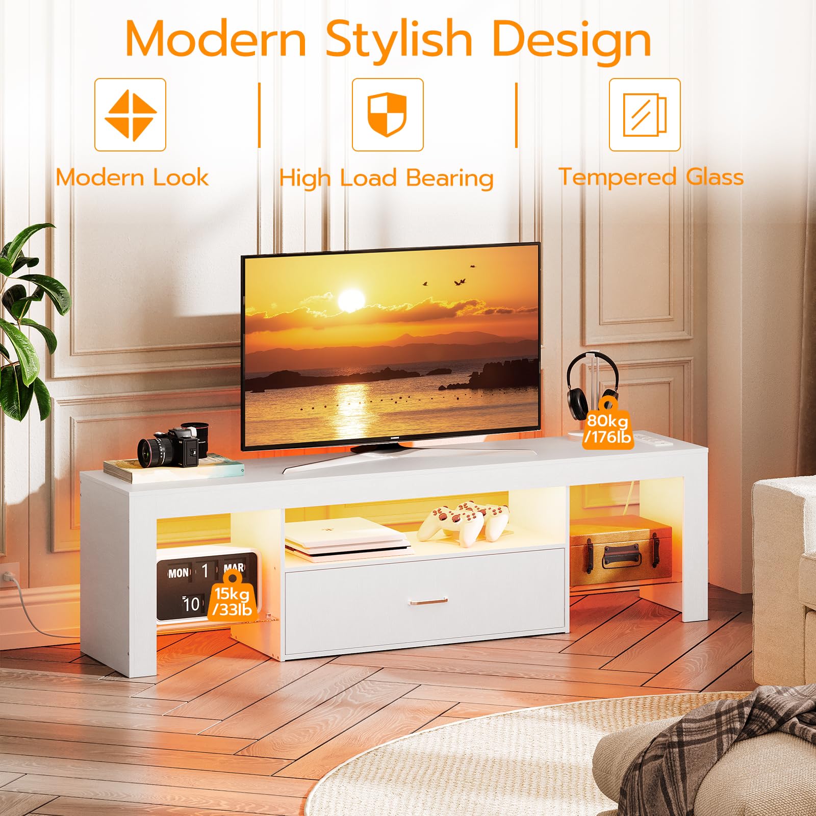 LED TV Stand with Power Outlets and Glass Shelves