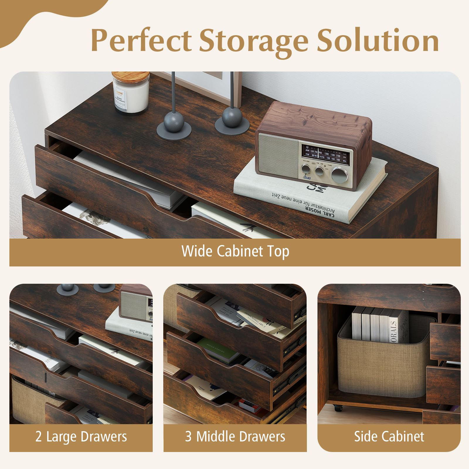5-Drawer Mobile File Cabinet with Wheels