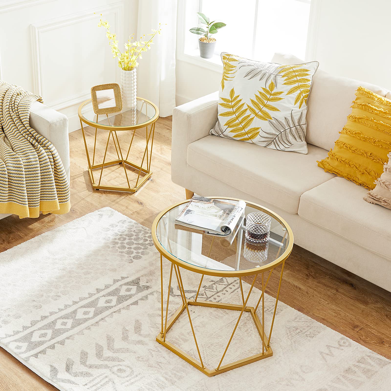 Round Coffee Table Set of 2 with Glass Top and Metal Frame