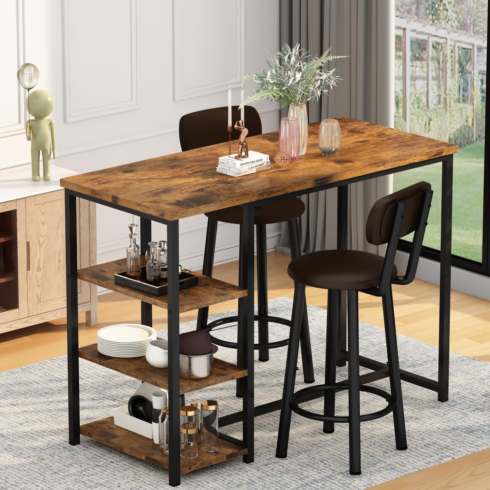 3-Piece Bar Table Set with Storage Shelves