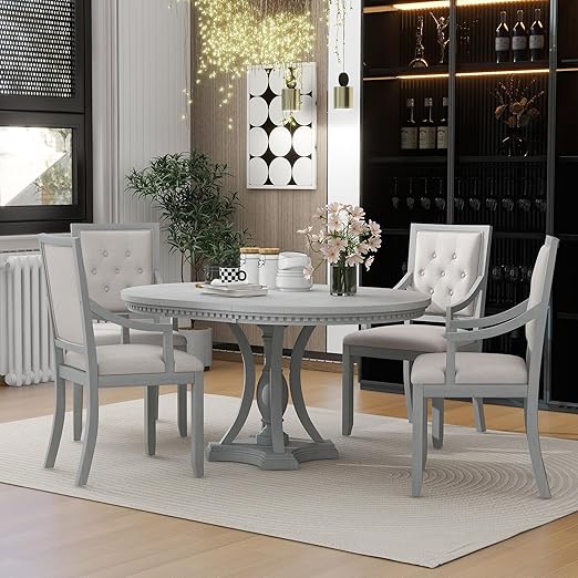 Round Extendable Dining Table Set for 4 with Upholstered Chairs