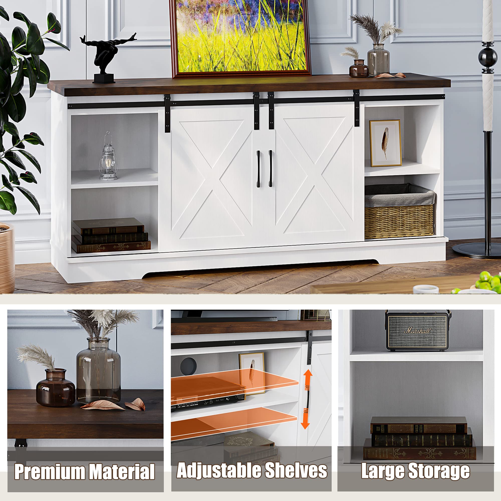 Farmhouse TV Stand with Storage and Barn Doors