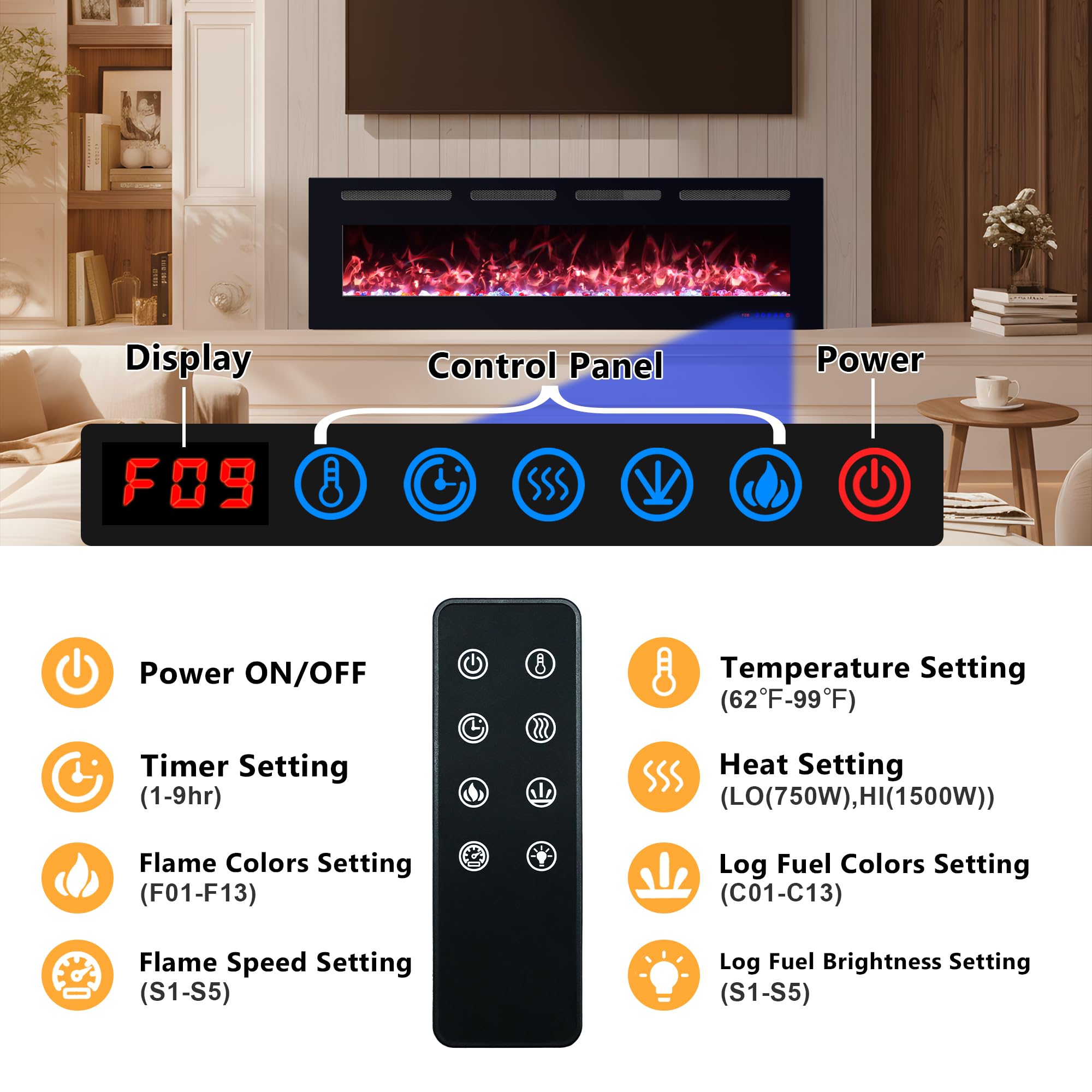42 Inch Electric Fireplace Heater with Remote Control
