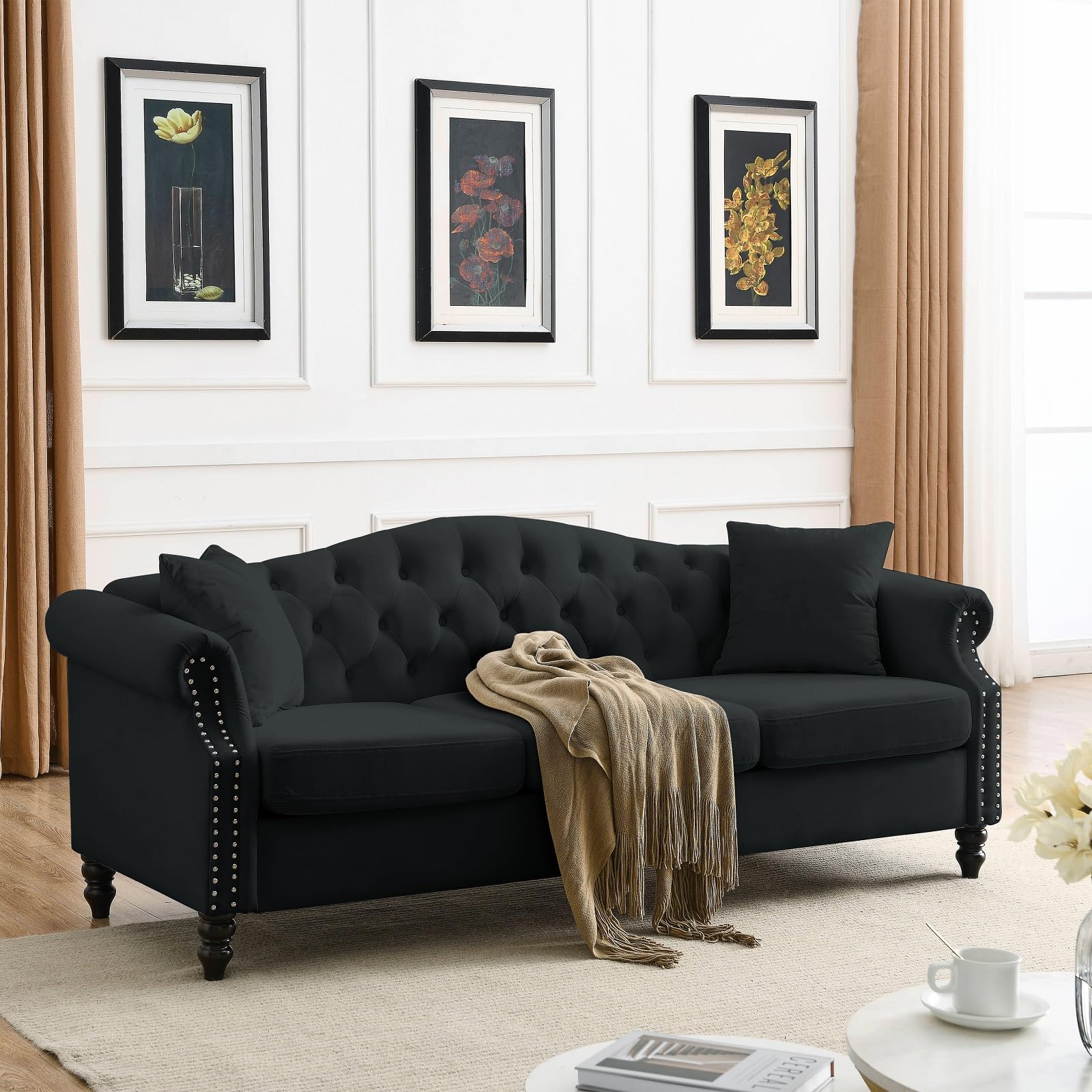 Anwick Velvet Chesterfield Sofa Classic 3 Seater Couch Modern Upholstered Sofa with Tufted Back and Two Pillows for Living Room Office (Black-2)