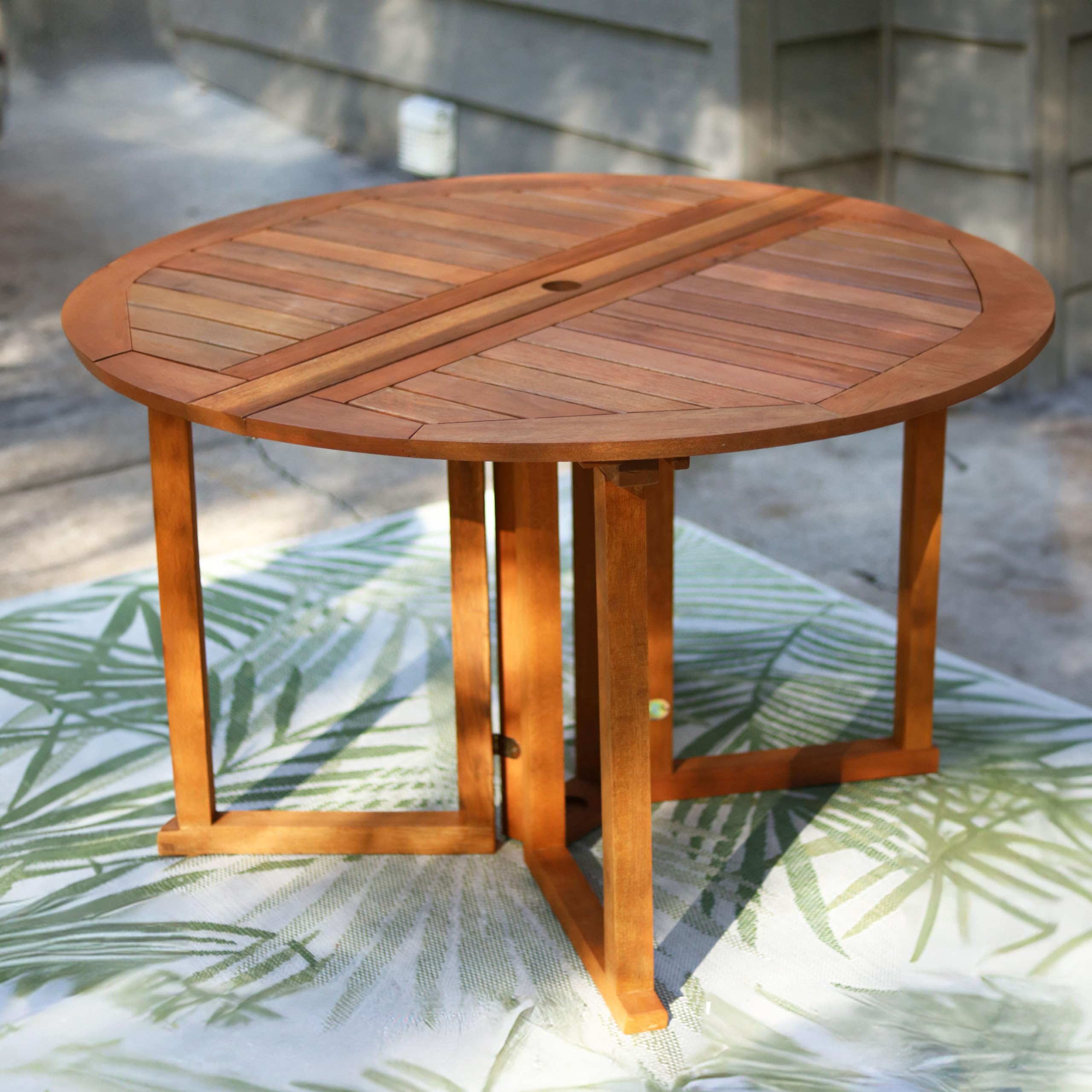 Sunnydaze Malaysian Hardwood Folding Gateleg Patio Dining Table with Teak Oil Finish - 4-Person Space-Saving Round Outdoor Table - 47.25” D x 29" H
