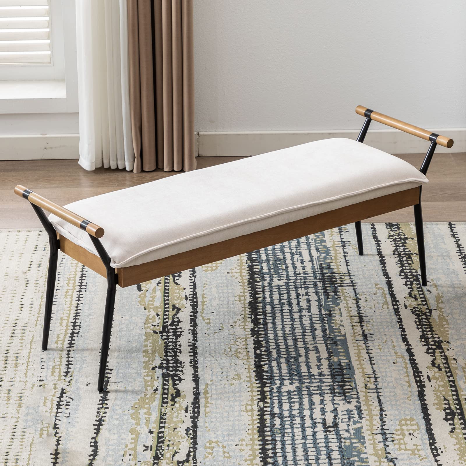 Modern Rectangle Ottoman Bench with Arms and Metal Legs