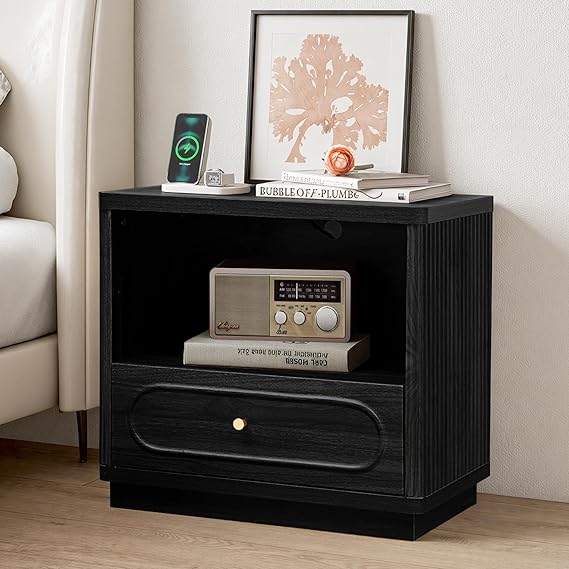 Fluted Nightstand with Charging Station and Drawer Storage