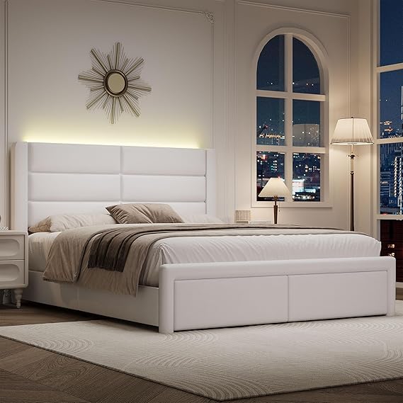 Queen Upholstered Bed Frame with Headboard and LED Lights, Modern Faux Leather Bed Frame with Wooden Slats Support and Heavy Duty Mattress Foundation, No Box Spring Needed, Easy Assembly, Pink