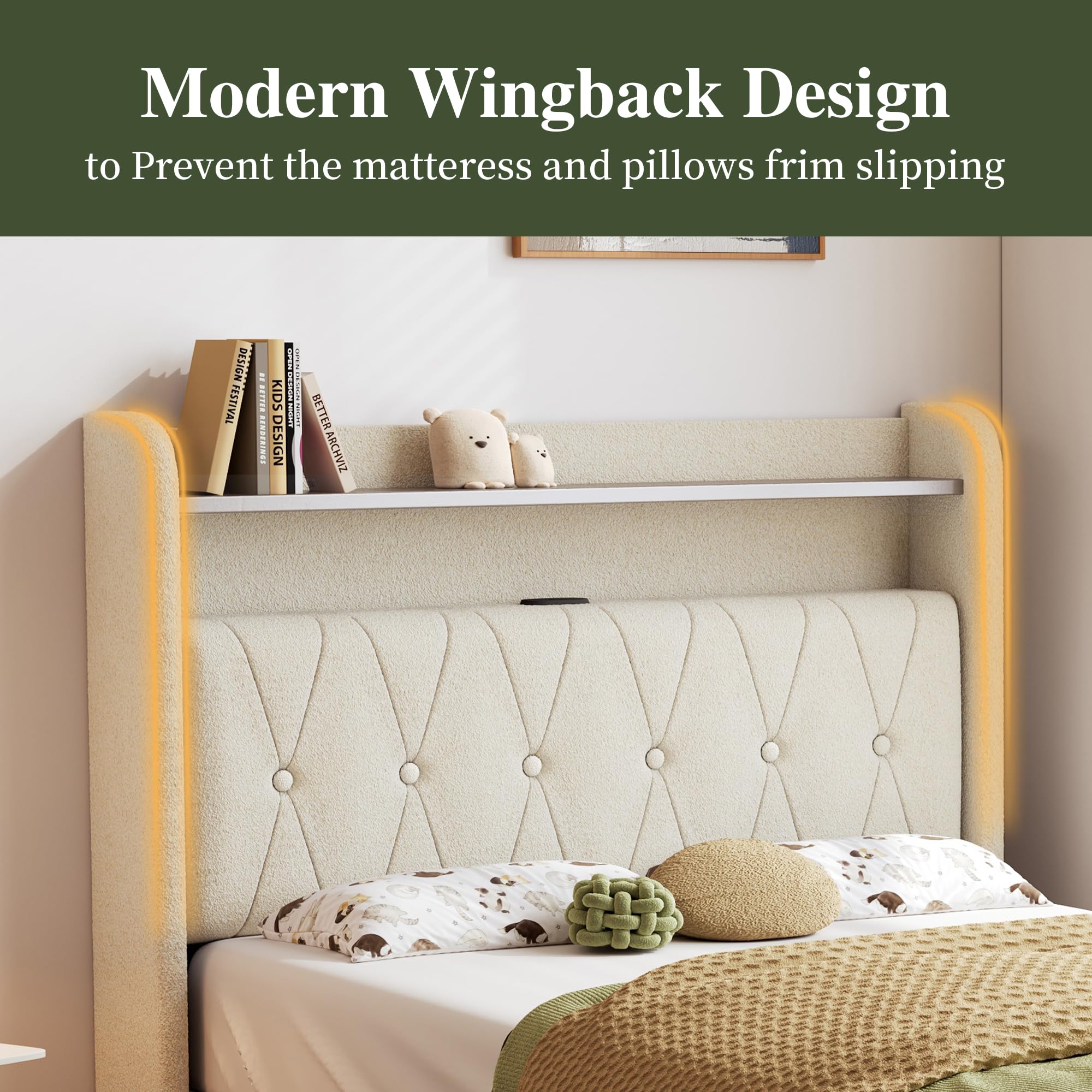 Twin Upholstered Platform Bed with LED Lights