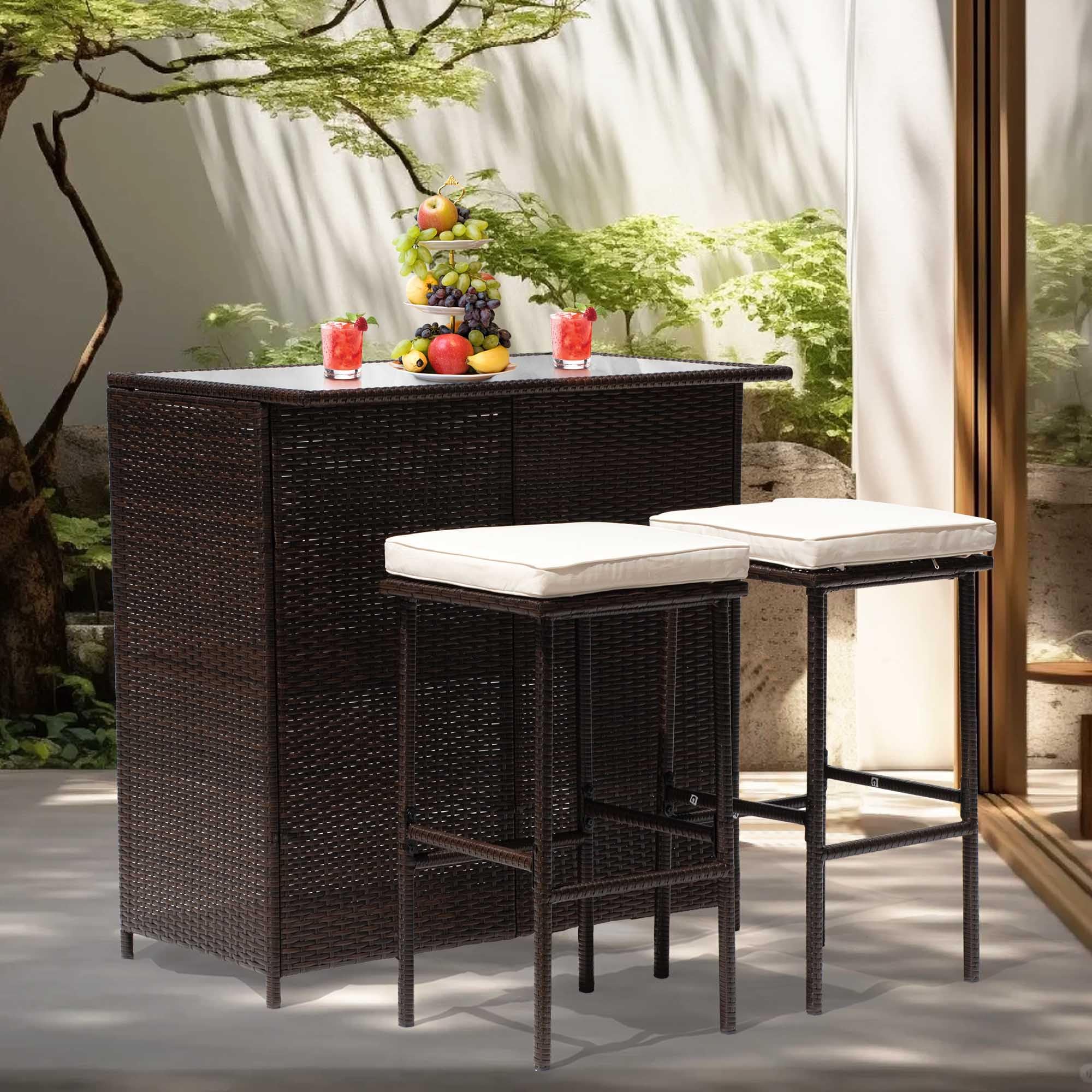 Rattan Bar Set with Glass Top and 2 Stools