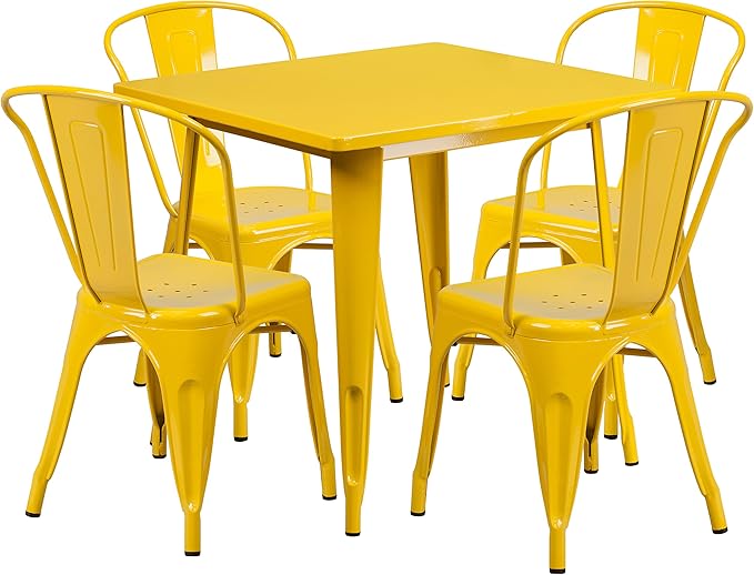 31.5" Square Metal Indoor-Outdoor Dining Table Set with 4 Chairs