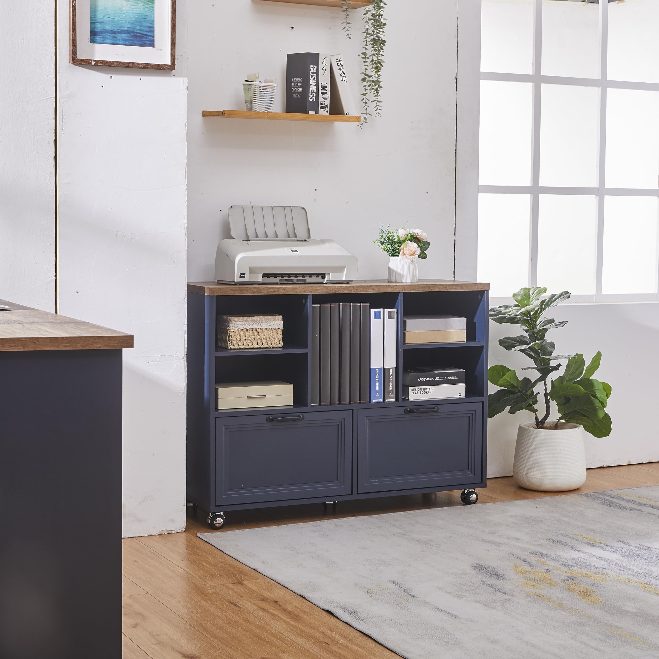 LayBurst 39.3" Farmhouse Wood File Cabinet with Wheels,Small Home Office Storage,Rolling File Cabinet with 2 Drawers for Legal/Letter/ A4 Size (Blue)