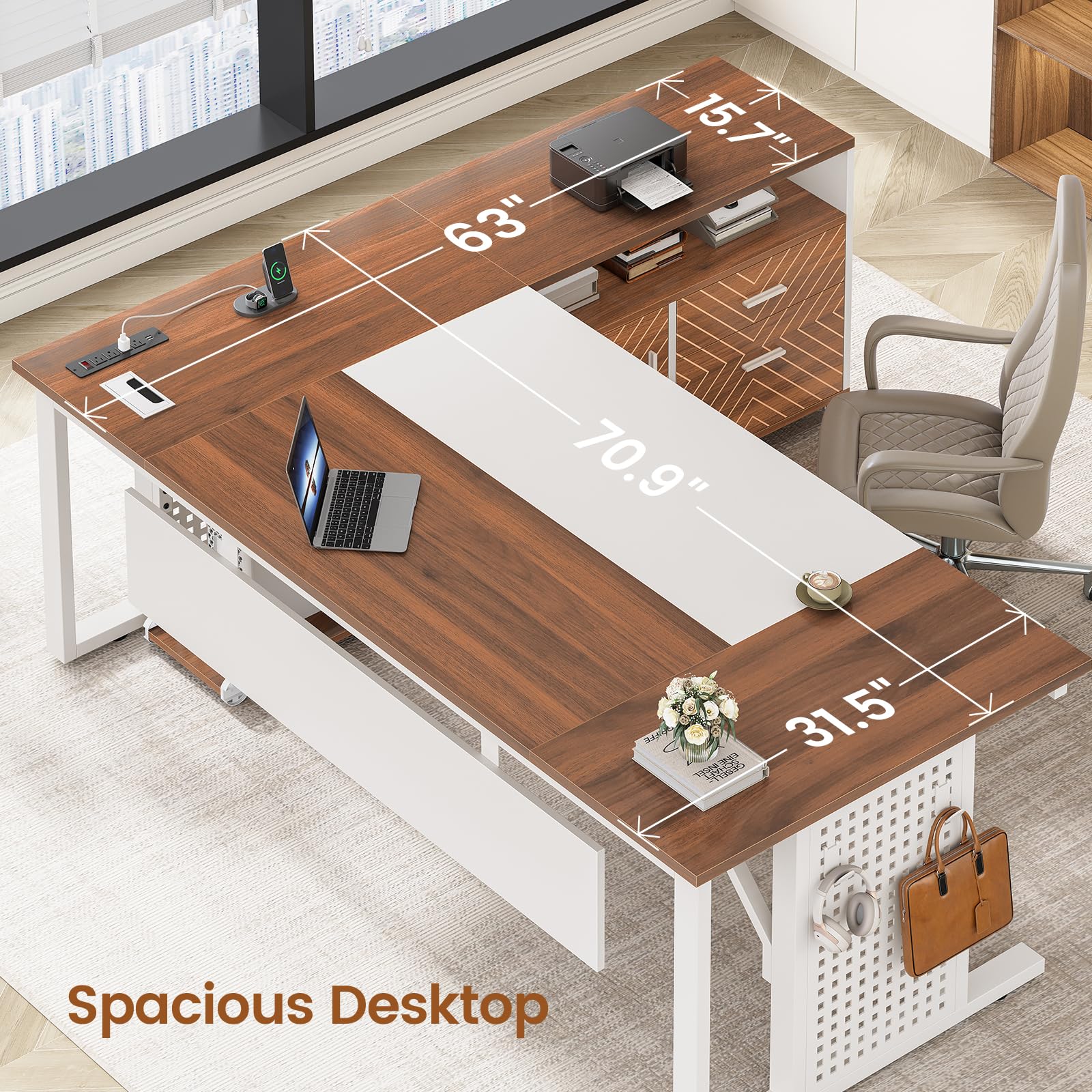 L-Shaped Executive Desk with Rolling File Cabinet