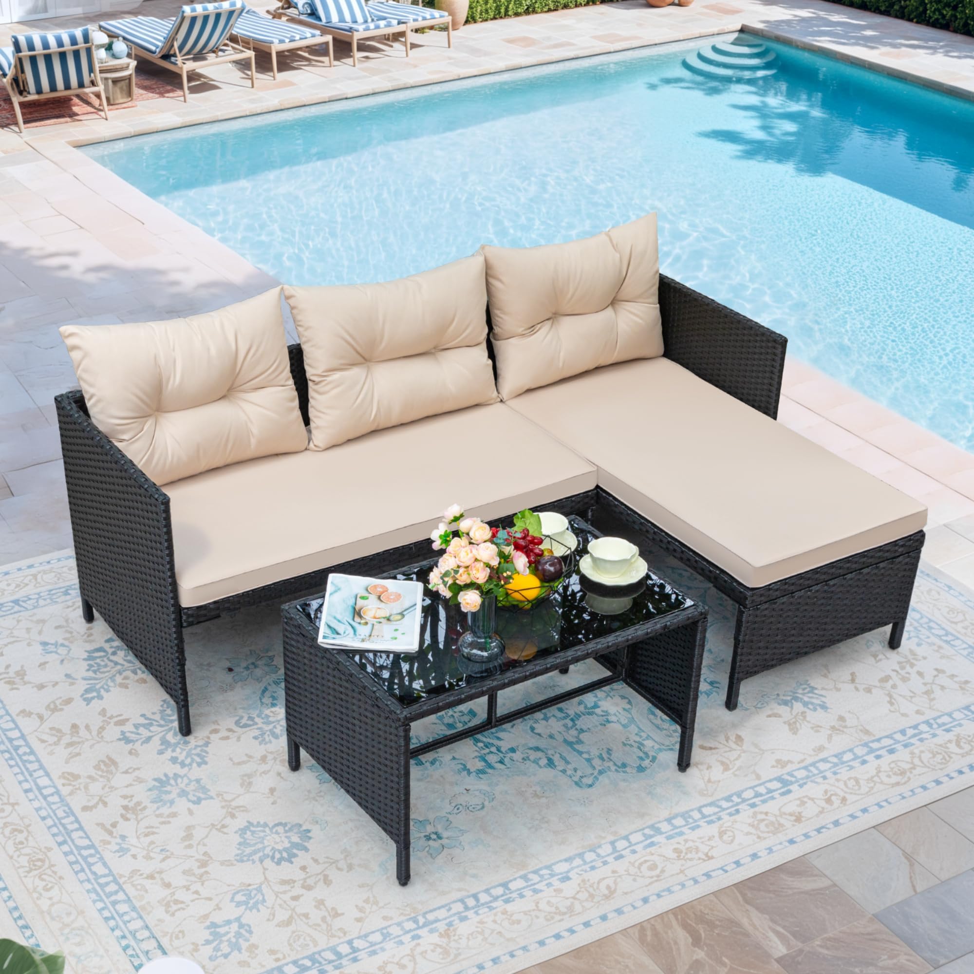 3 Piece Patio Furniture Set Outdoor Wicker Rattan Sectional Sofa with Cushions & Coffee Table