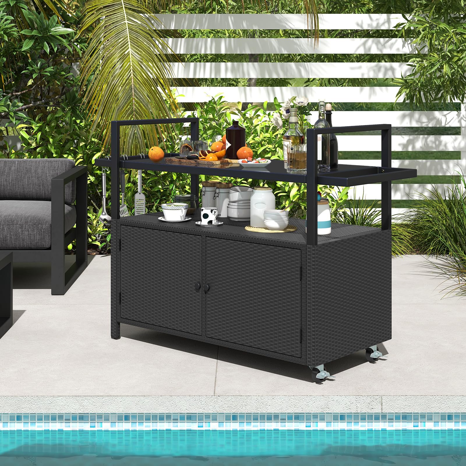 Outdoor Rolling Bar Cart with Tempered Glass Top