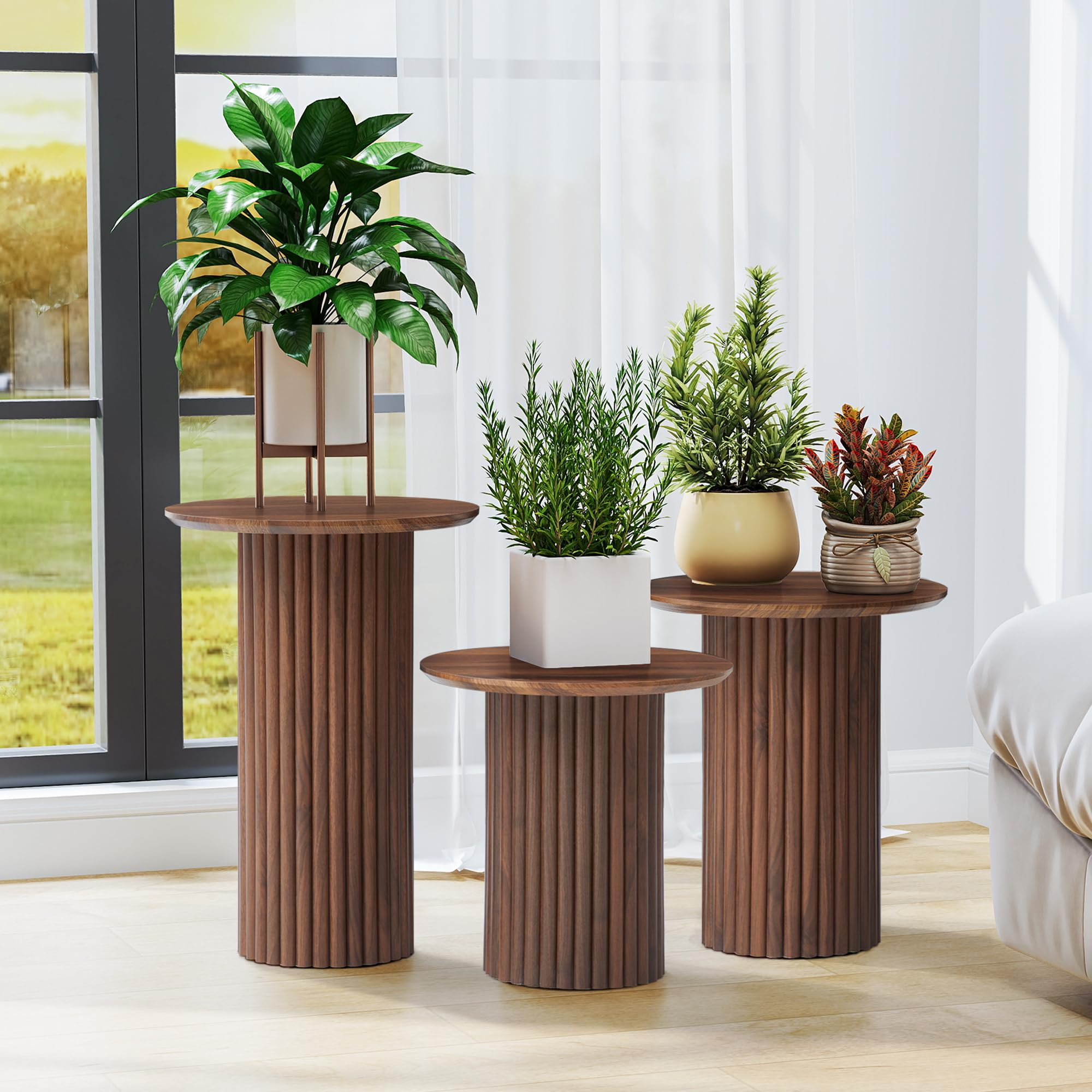 Round Nesting Coffee Table Set of 3 - Mid Century Modern Fluted End Tables