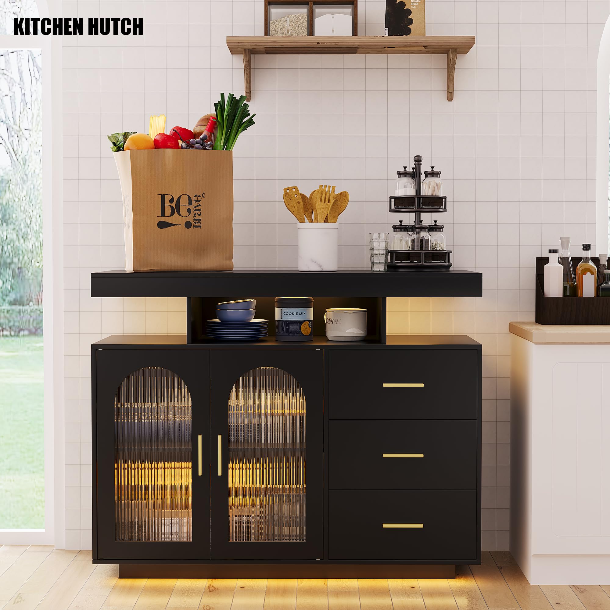 Buffet Cabinet with Storage and LED Lights