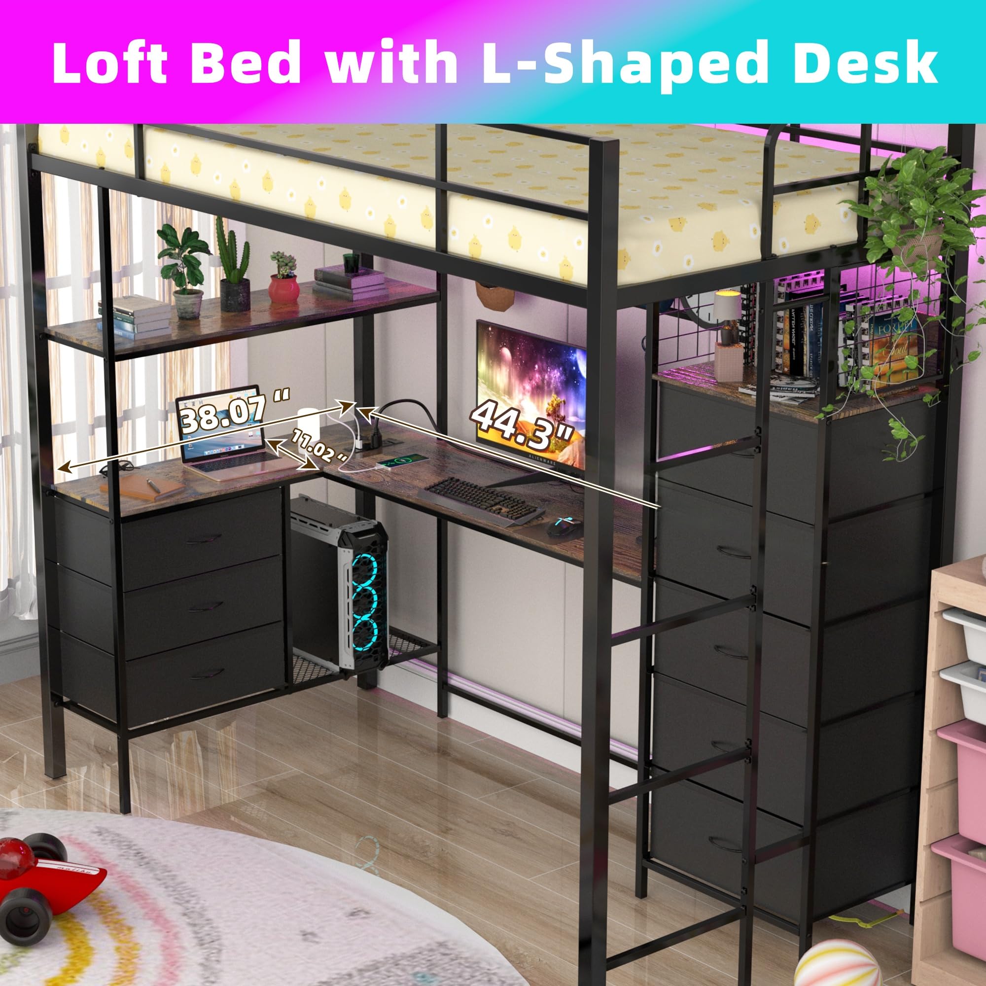 Twin Size Loft Bed with Desk and LED Lights